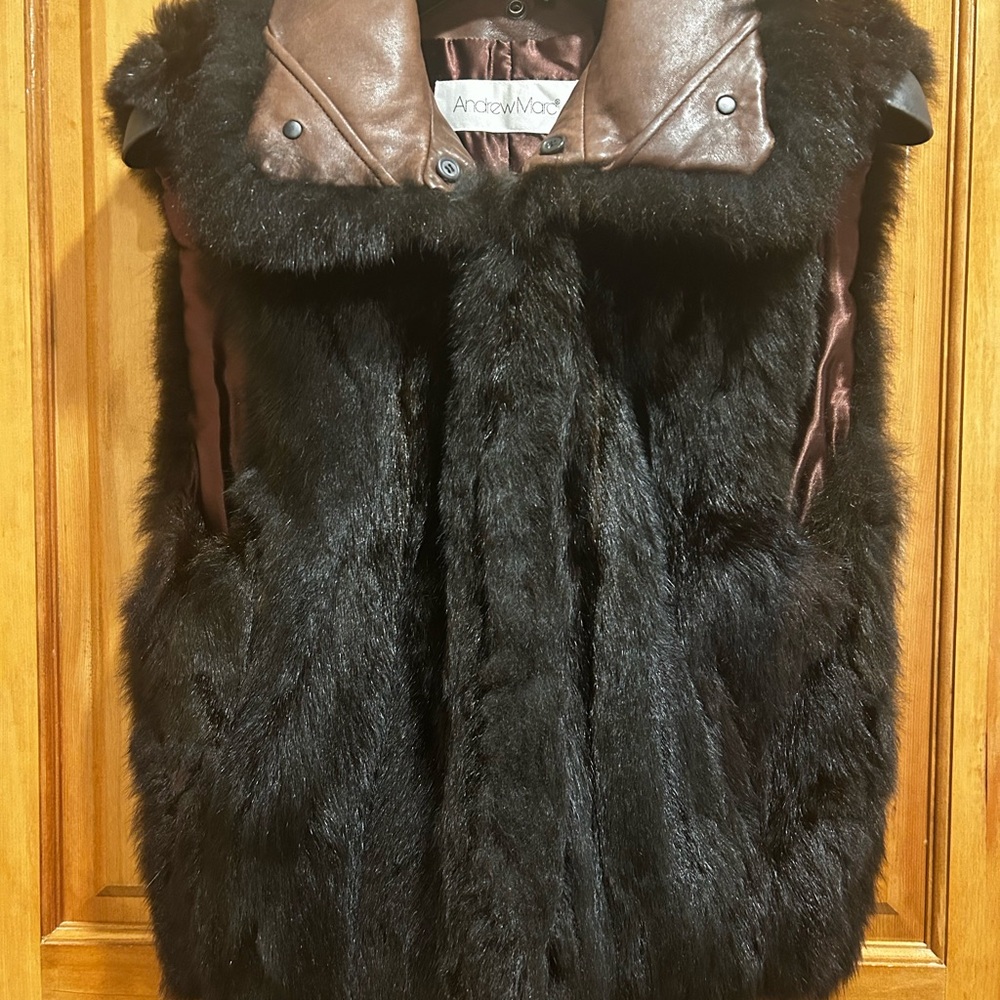 Andrew Marc Brown Leather and Black Fur Vest